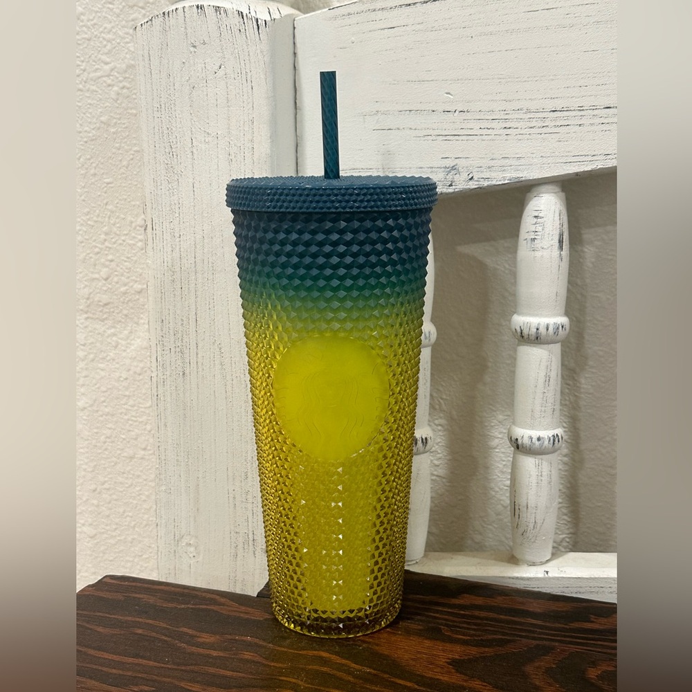 Starbucks 2023 Lemongrass Ombré Teal Navy Blue Neon Yellow Studded Tumbler Venti